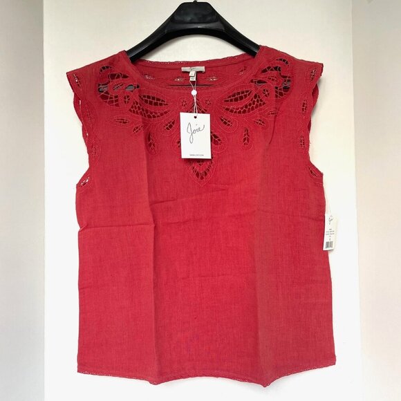 Joie Eyelet Cotton Linen Top Womens Small Coral Short Sleeve Lace Kinski Summer - Picture 1 of 10